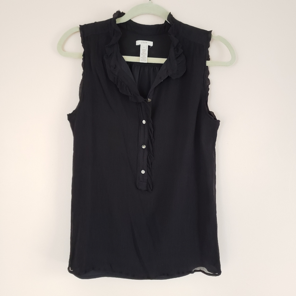 J.Crew Natasha Silk Sleeveless Blouse Top Cami Black Henley 8 Popover